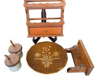 Vintage Wood Lot Swiss Musical Rotating Cake Stand, Wall Spice Rack, Trinket Box More