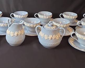 Wedgwood Embossed Queens Ware Tea Cups Saucers, Creamer, Sugar Bowl