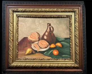Vintage MidCentury Still Life Oil Painting of Fruit Jug Signed Diane J.
