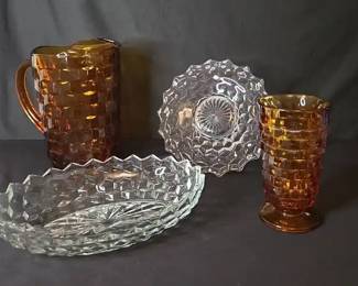 Vintage Fostoria American Glass Clear Amber With Cubist Pattern