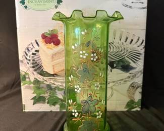 Vintage Art Nouveau Style Enameled Green Glass Vase Indiana Glass Enchantment Cake StandDome