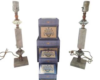 Vintage Marble Crystal Column Table Lamps Pair with Country Floral Nesting Boxes