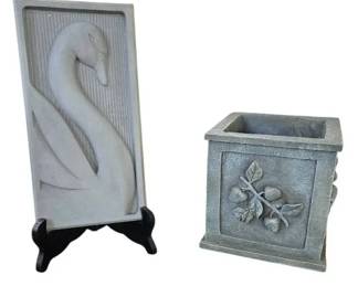 Vintage Brian Davis Cast Stone Swan Art Deco Plaque Strawberry Planter Lot