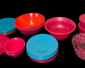 Plastic Pink, Orange, Turquoise Salad Bowls, Boxes Plates
