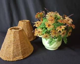 Fenton Basket Weave Ruffled Rim Satin Vase, Wire Glass Bead Flowers And Lamp Shades