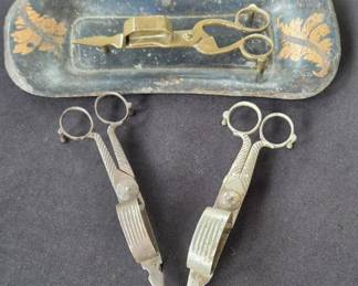 Antique Victorian Brass Iron Candle Snuffer Scissors Wick Trimmers with Tray