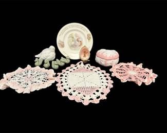 Pink White Jasperware Music Box, Doilies More Decor