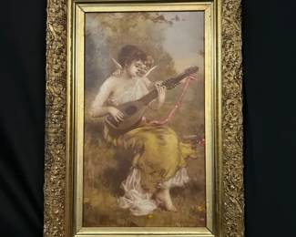 Vintage Allegorical Classical Woman with Cherub Print in Ornate Gold Gesso Frame