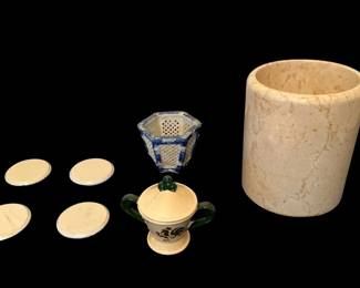 Champagne Marble Tumbler, Metlox Poppy Trail Sugar Bowl, Japanese Planter Marble Coasters