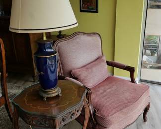 Vintage lamps and side tables with inlaid wood accent