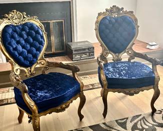 French Rococo Style Blue Velvet Armchairs