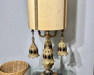 Hollywood Regency Style Pair of laps with hanging slag glass tulip bells