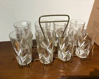 Mid-Century Set of 8 Drinking Glasses w/ Brass Carrier