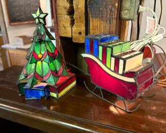 Pair of Stained Glass Lighted Christmas Decor (Tree is Damaged)