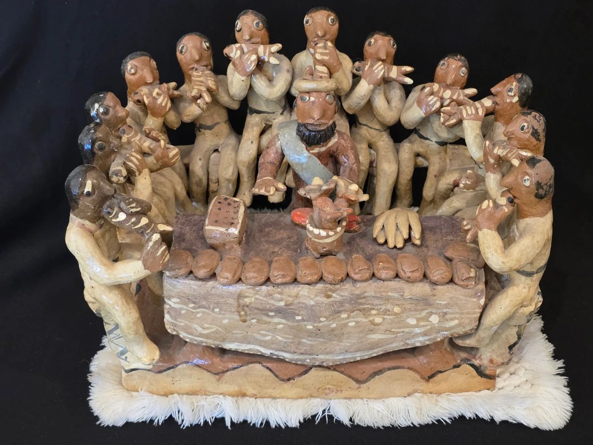 Vintage Ocumichu Mexican Pottery Folk Art Last Supper Sculpture
