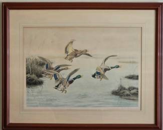 "Ducks in Flight" hand-colored, signed etching by G.F. Rötig