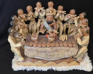 Vintage Ocumichu Mexican Pottery Folk Art Last Supper Sculpture