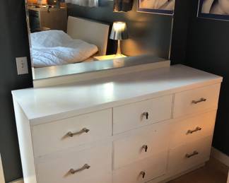 Vintage 9-drawer dresser with mirror (56”L, 18”D, 32”H + mirror is 31.5” tall)