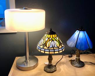 Lamp with frosted shade, vintage Loevsky & Loevsky stained glass lamps (11" tall)