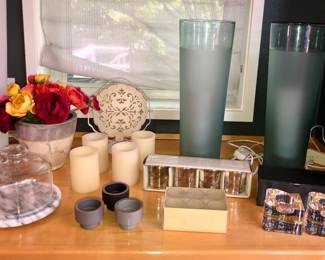 Cheese dome, Heath candle holders, tall glass cylinder lamps, Orrefors candle holders