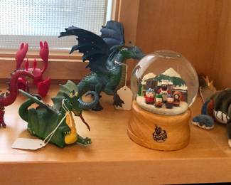 Dragon figurines, vintage South Park snow globe  