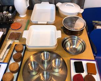 Crate & Barrel baking dishes with cork trivets, set of 3 stainless "Martian" bowls by Sori Yang, Levenger magnifiers 