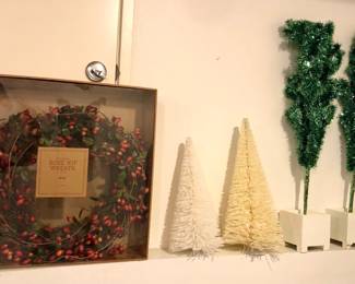 Restoration Hardware rose hips wreath, Crate & Barrel white Xmas trees
