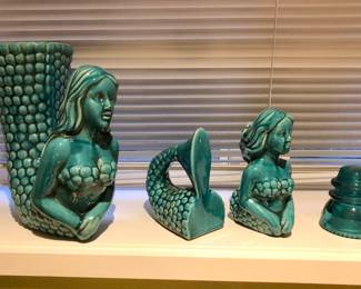 Large ceramic mermaid vase & book ends, old glass insulator
