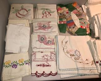 Vintage linens including embroidered pillow cases & dish towels - with kitties!  