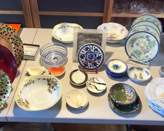 Vietri cranberry glass plates, German bowls, Pottery Barn majolica bird plates