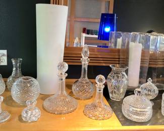 Waterford vases & decanters, tall frosted glass lamp (one of pair)