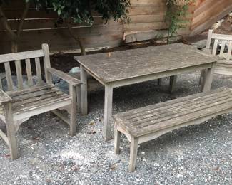 Wooden outdoor dining set - table (27” x 60”), 2 chairs & 2 benches. Needs a good cleaning!  