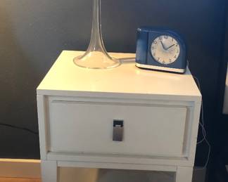 Miss K lamp by Starck, Big Ben Moon Beam alarm clock, West Elm white nightstand (or end table)