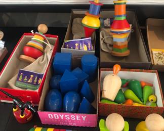 Colorful wooden stacking toys, blue wooden Montessori shapes