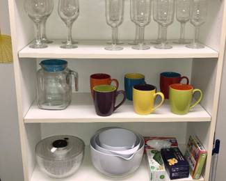 Stemware, colorful mugs, kitchen items 