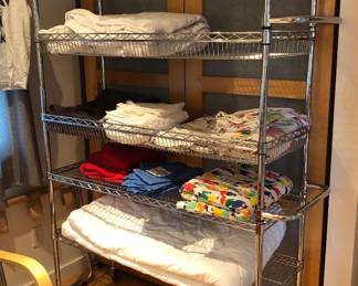 Large chrome wire shelf on wheels (48”L, 18”D, 78”H) +  fun twin sheets & more