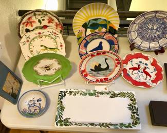 Anthropologie Lou Rota/Nature Table plates, M.A. Hadley cat bowl, Crate & Barrel platter, Spode Millennium plate
