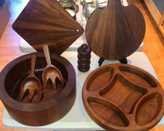 Dansk Quistgaard teak: salad bowl, cutting boards, "Rings" salt + pepper shaker, serving tray
