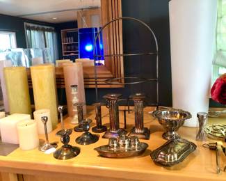 Candles, silver plate candle holders & butter dish