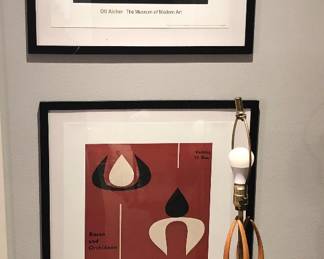 Museum of Art Oti Aicher posters (23” square framed), mid-century wooden swirl lamp