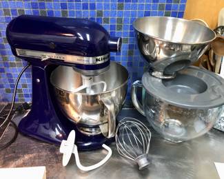 Blue KitchenAid Artisan stand mixer + glass batter bowl with lid