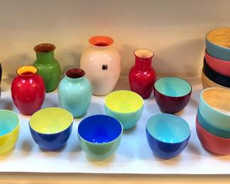 Cased glass vases & Pirus bowls by Carlo Moretti (Murano - Italy)