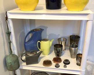Crate & Barrel yellow vases, blue crock, colorful teapots, metal flower frogs 