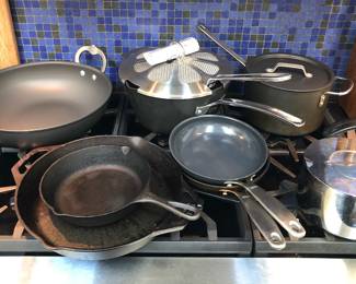 Calphalon 13” wok, Lodge cast iron, OXO skillets, Miu deep fryer, Dansk chrome tea kettle