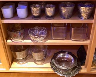Assorted glass vases, trifle bowls, Gorham silverplate bowl