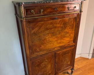 Antique 19th Century Marble Top 2 Drawer / 3 Door French Walnut Secrétaire Abattant (16"D x 37"W x 57"H)