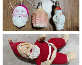Vintage Figural Milk Glass Light Bulbs (Japan); Vintage Rushton Co. 1950's Santa Rubber Face Coca Cola