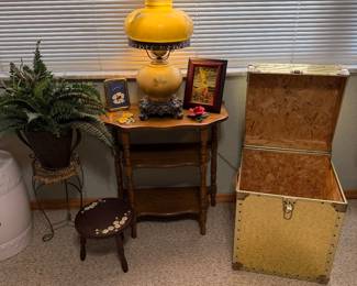 Wooden Half Moon Tiered Side Table; Hand Painted Gone with the Wind Style Table Lamp; Sq. Brass Trunk; Wooden Stool; Plant Stand
