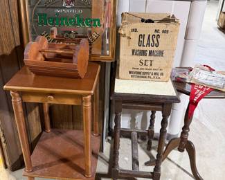 Side Tables; Heineken Bar Mirror; Wolverine Supply & Mfg Co Glass Washing Machine Set No. 905
