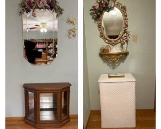 Wall Mirrors; Entry Way Lighted Curio Cabinet; Wicker Hamper